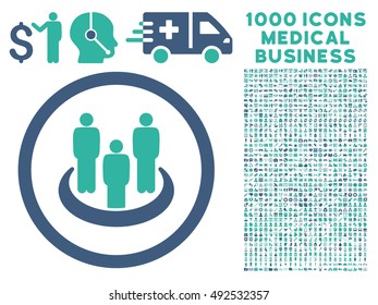 Cobalt And Cyan Social Group vector bicolor rounded icon. Image style is a flat icon symbol inside a circle, white background. Bonus clipart is 1000 medical business elements.