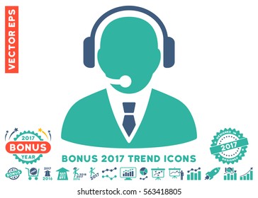 Cobalt And Cyan Support Manager icon with bonus 2017 trend icon set. Vector illustration style is flat iconic bicolor symbols, white background.