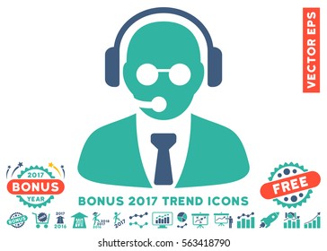 Cobalt And Cyan Support Manager pictogram with bonus 2017 year trend pictures. Vector illustration style is flat iconic bicolor symbols, white background.