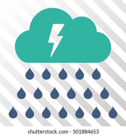 Cobalt And Cyan Thunderstorm Rain Cloud toolbar pictogram. Vector pictogram style is a flat bicolor symbol on diagonal hatch transparent background.