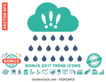 Cobalt And Cyan Thunderstorm Rain Cloud icon with bonus 2017 trend images. Vector illustration style is flat iconic bicolor symbols, white background.