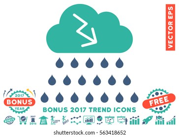 Cobalt And Cyan Thunderstorm Rain Cloud icon with bonus 2017 year trend images. Vector illustration style is flat iconic bicolor symbols, white background.