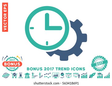 Cobalt And Cyan Time Setup Gear icon with bonus 2017 year trend icon set. Vector illustration style is flat iconic bicolor symbols, white background.