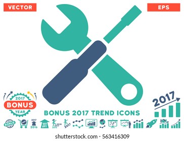 Cobalt And Cyan Tools icon with bonus 2017 trend images. Vector illustration style is flat iconic bicolor symbols, white background.