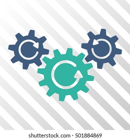Cobalt And Cyan Transmission Wheels Rotation interface toolbar pictogram. Vector pictograph style is a flat bicolor symbol on diagonal hatch transparent background.