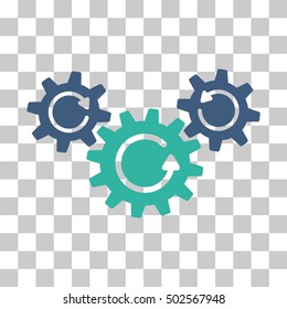 Cobalt And Cyan Transmission Wheels Rotation interface toolbar icon. Vector pictograph style is a flat bicolor symbol on chess transparent background.