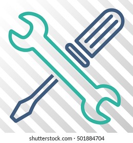 Cobalt And Cyan Tuning Tools toolbar pictogram. Vector pictograph style is a flat bicolor symbol on diagonal hatch transparent background.
