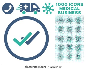 Cobalt And Cyan Validation vector bicolor rounded icon. Image style is a flat icon symbol inside a circle, white background. Bonus clipart has 1000 medicine business pictographs.
