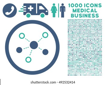 Cobalt And Cyan Virtual Links vector bicolor rounded icon. Image style is a flat icon symbol inside a circle, white background. Bonus set has 1000 medicine business elements.