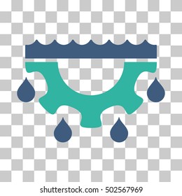 Cobalt And Cyan Water Gear Drops interface pictogram. Vector pictograph style is a flat bicolor symbol on chess transparent background.