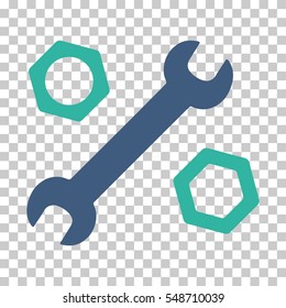 Cobalt And Cyan Wrench and Nuts interface pictogram. Vector pictogram style is a flat bicolor symbol on chess transparent background.