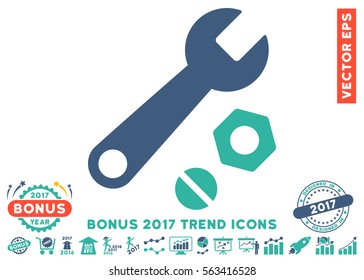 Cobalt And Cyan Wrench And Nuts pictograph with bonus 2017 trend pictograms. Vector illustration style is flat iconic bicolor symbols, white background.