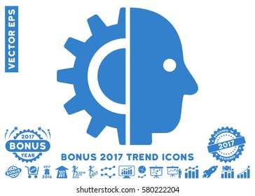 Cobalt Cyborg Head icon with bonus 2017 trend pictures. Vector illustration style is flat iconic symbols, white background.