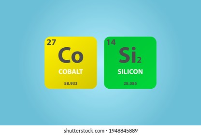 Molécula de disilicide cobalto de CoSi2. Fórmula molecular simple consistente en elementos cobalto, silicio. Estructura simplificada del compuesto químico sobre fondo azul, para la educación química
