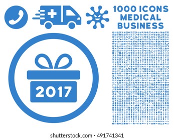 Cobalt Gift 2017 Year vector rounded icon. Image style is a flat icon symbol inside a circle, white background. Bonus clipart is 1000 medical business pictograms.