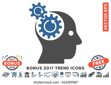 Cobalt And Gray Brain Gears Rotation pictogram with bonus 2017 trend symbols. Vector illustration style is flat iconic bicolor symbols, white background.
