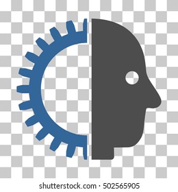 Cobalt And Gray Cyborg Head interface pictogram. Vector pictogram style is a flat bicolor symbol on chess transparent background.