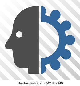 Cobalt And Gray Cyborg Head toolbar pictogram. Vector pictograph style is a flat bicolor symbol on diagonal hatch transparent background.