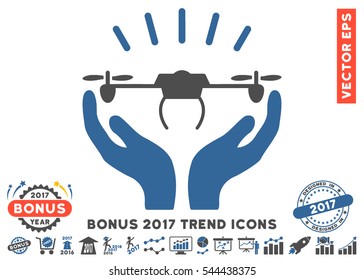 Cobalt And Gray Drone Launch Hands pictograph with bonus 2017 year trend pictograph collection. Vector illustration style is flat iconic bicolor symbols, white background.