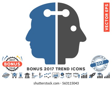 Cobalt And Gray Dual Head Connection icon with bonus 2017 trend icon set. Vector illustration style is flat iconic bicolor symbols, white background.