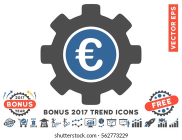 Cobalt And Gray Euro Development Gear icon with bonus 2017 year trend icon set. Vector illustration style is flat iconic bicolor symbols, white background.