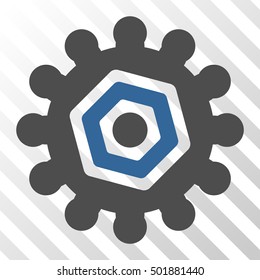 Cobalt And Gray Gear interface pictogram. Vector pictogram style is a flat bicolor symbol on diagonal hatch transparent background.