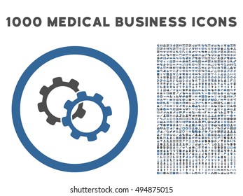 Cobalt And Gray Gears vector bicolor rounded icon. Image style is a flat icon symbol inside a circle, white background. Bonus set includes 1000 medicine business pictograms.