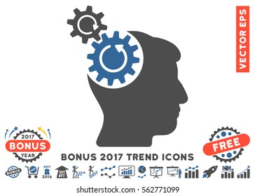 Cobalt And Gray Head Cogs Rotation icon with bonus 2017 trend clip art. Vector illustration style is flat iconic bicolor symbols, white background.