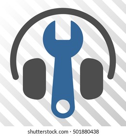 Cobalt And Gray Headphones Tuning Wrench interface pictogram. Vector pictograph style is a flat bicolor symbol on diagonal hatch transparent background.