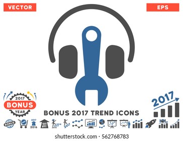 Cobalt And Gray Headphones Tuning Wrench pictograph with bonus 2017 trend images. Vector illustration style is flat iconic bicolor symbols, white background.