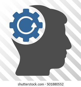 Cobalt And Gray Intellect Gear Rotation toolbar pictogram. Vector pictograph style is a flat bicolor symbol on diagonal hatch transparent background.