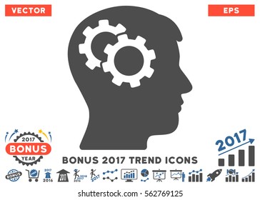 Cobalt And Gray Intellect Gears icon with bonus 2017 year trend pictograms. Vector illustration style is flat iconic bicolor symbols, white background.
