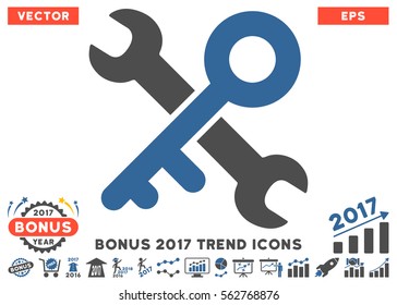 Cobalt And Gray Key Tools pictograph with bonus 2017 trend pictograms. Vector illustration style is flat iconic bicolor symbols, white background.