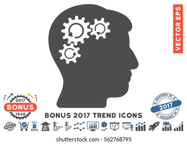Cobalt And Gray Mind Gear Rotation pictogram with bonus 2017 trend pictures. Vector illustration style is flat iconic bicolor symbols, white background.