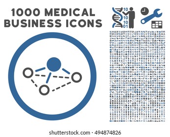 Cobalt And Gray Molecule vector bicolor rounded icon. Image style is a flat icon symbol inside a circle, white background. Bonus set includes 1000 health care business elements.