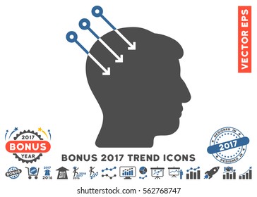 Cobalt And Gray Neural Interface Connectors icon with bonus 2017 trend pictograph collection. Vector illustration style is flat iconic bicolor symbols, white background.
