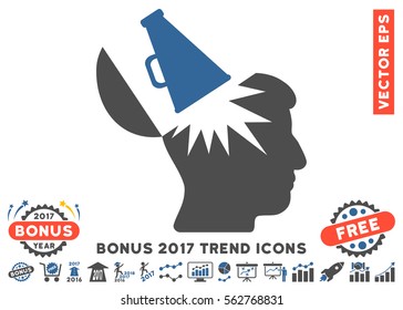 Cobalt And Gray Open Brain Megaphone icon with bonus 2017 year trend clip art. Vector illustration style is flat iconic bicolor symbols, white background.