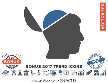 Cobalt And Gray Open Brain pictograph with bonus 2017 trend images. Vector illustration style is flat iconic bicolor symbols, white background.