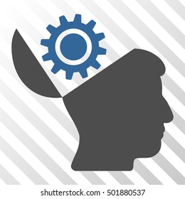 Cobalt And Gray Open Head Gear interface icon. Vector pictogram style is a flat bicolor symbol on diagonal hatch transparent background.