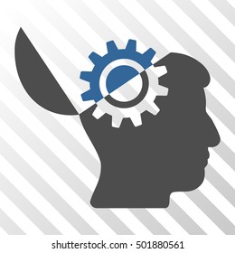 Cobalt And Gray Open Mind Gear interface toolbar pictogram. Vector pictograph style is a flat bicolor symbol on diagonal hatch transparent background.