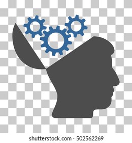 Cobalt And Gray Open Mind Gears interface toolbar icon. Vector pictograph style is a flat bicolor symbol on chess transparent background.