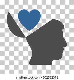 Cobalt And Gray Open Mind Love Heart interface toolbar pictogram. Vector pictograph style is a flat bicolor symbol on chess transparent background.