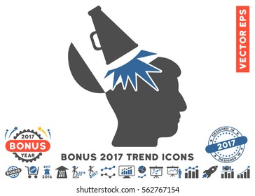 Cobalt And Gray Open Mind Megaphone pictogram with bonus 2017 year trend symbols. Vector illustration style is flat iconic bicolor symbols, white background.