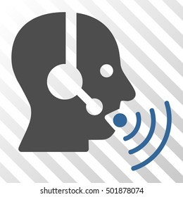 Cobalt And Gray Operator Talking Sound Waves toolbar pictogram. Vector pictogram style is a flat bicolor symbol on diagonal hatch transparent background.