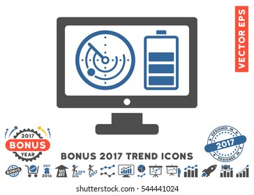 Cobalt And Gray Radar Battery Control Monitor icon with bonus 2017 trend elements. Vector illustration style is flat iconic bicolor symbols, white background.