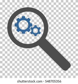 Cobalt And Gray Search Gears Tool interface pictogram. Vector pictograph style is a flat bicolor symbol on chess transparent background.