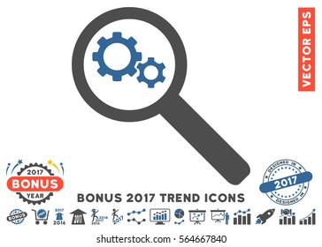 Cobalt And Gray Search Gears Tool icon with bonus 2017 trend design elements. Vector illustration style is flat iconic bicolor symbols, white background.