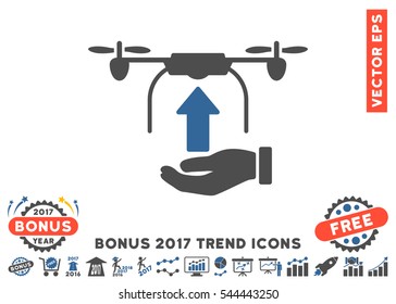 Cobalt And Gray Send Drone Hand pictogram with bonus 2017 trend clip art. Vector illustration style is flat iconic bicolor symbols, white background.