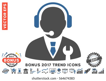 Cobalt And Gray Service Manager pictograph with bonus 2017 trend symbols. Vector illustration style is flat iconic bicolor symbols, white background.