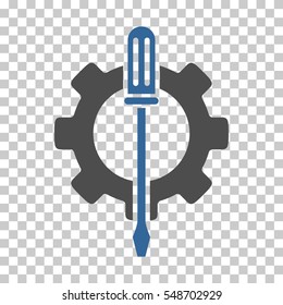Cobalt And Gray Tuning Options Gear toolbar icon. Vector pictograph style is a flat bicolor symbol on chess transparent background.